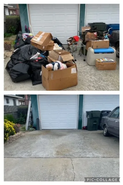Junk Removal Service in Del Rey Oaks Collection of trash bags and boxes outside a garage before and after cleanup.
